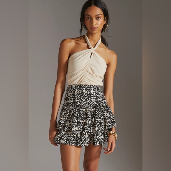 Maeve Tiered Linen Abstract Polka Dot Mini Skirt - Picture 1 of 10